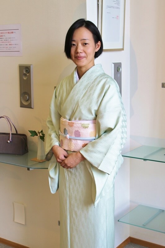お茶の着物　初めての着付け　前結び　お誂え　熊本市上通り