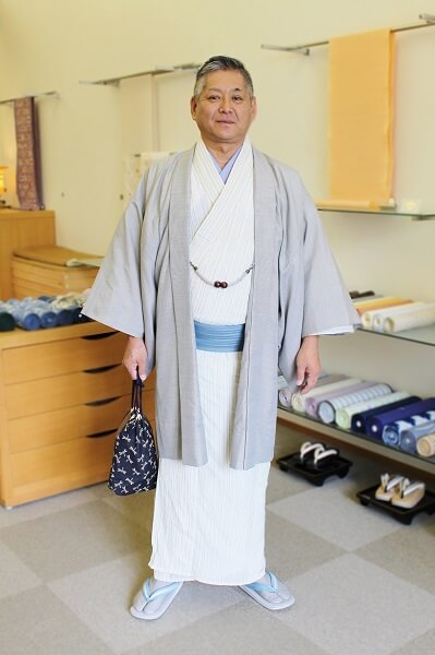 熊本市　結婚式の着物の装い　男性着物　小千谷ちぢみ　紗紬の羽織　中央区　着物専門店　わのくに